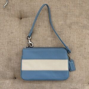 Coach Small Genuine Leather Baby Blue and White Zipper Wristlet